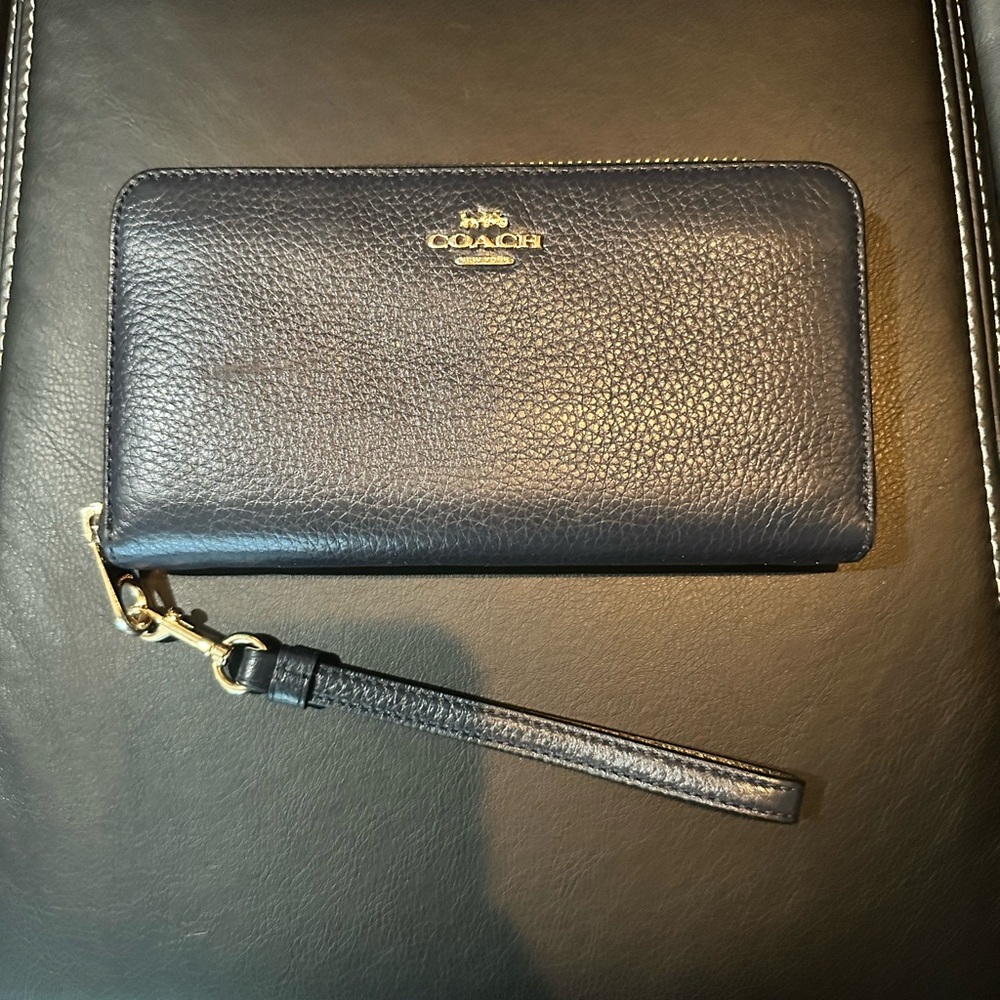 Coach Navy Leather Wristlet with Gold Accents